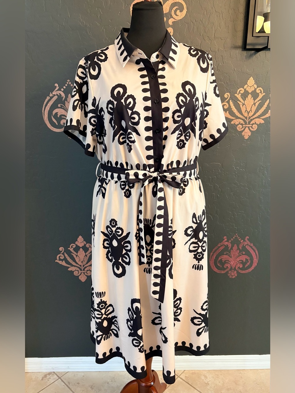 Black & Cream Printed Midi Shirt Dress with Tie Waist